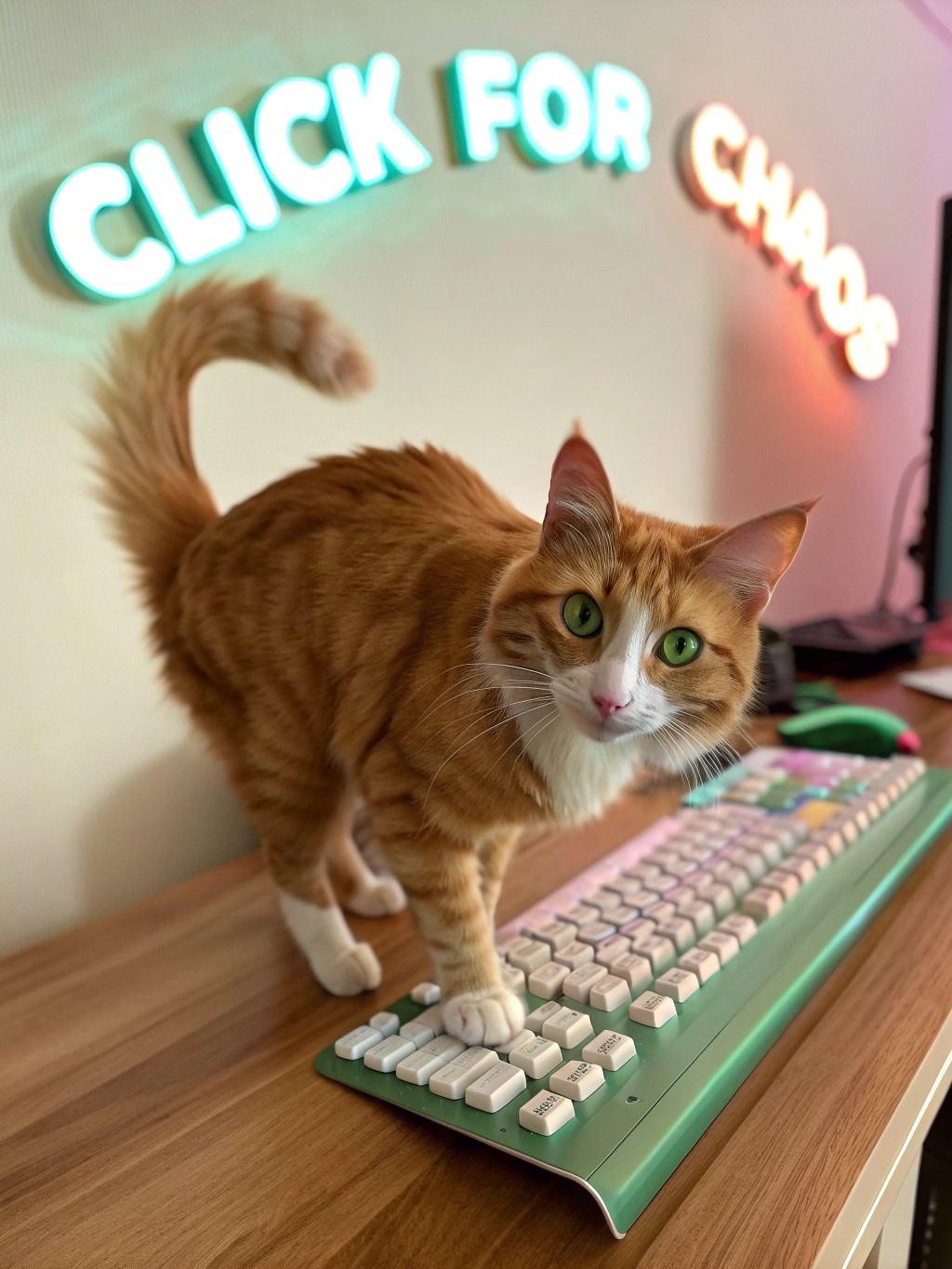 Cat looking at glowing monitor in modern tech workspace