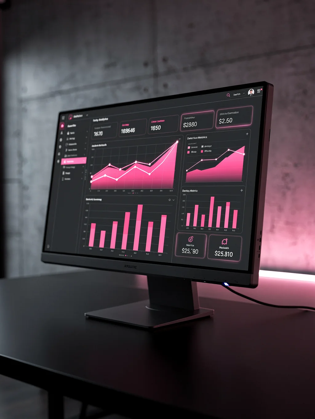 Close-up of a digital dashboard interface with cat-themed icons and soft neon pink accents