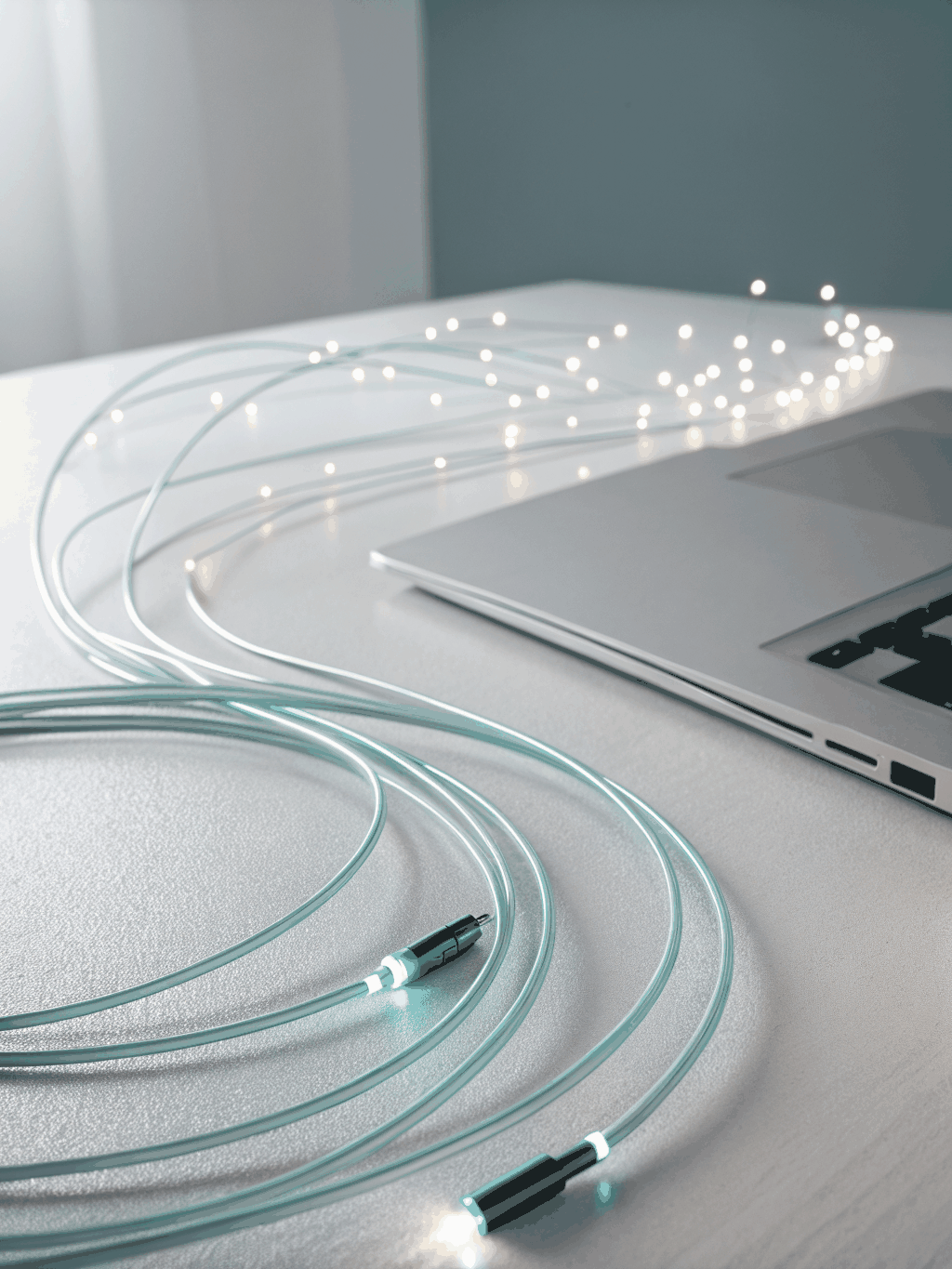 Cat resting on sleek desk with fiber optic cables nearby