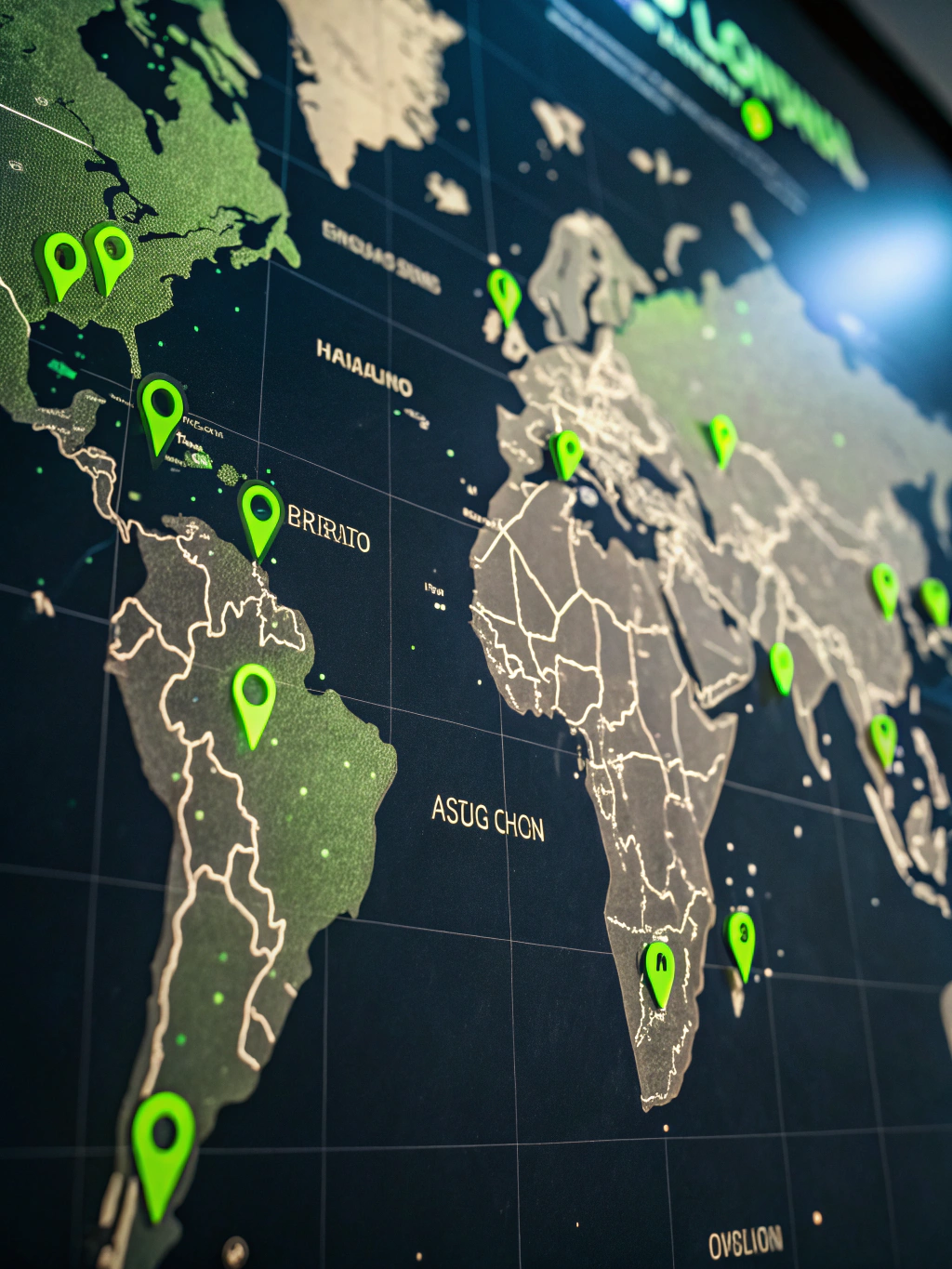 A digital map visualization showing interconnected nodes across the globe with neon pink highlights